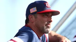 Manager Mark DeRosa #9 of Team USA watches batting practice.