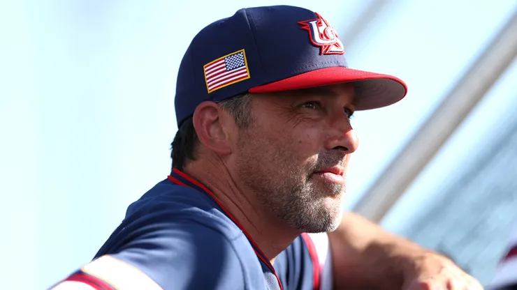 Manager Mark DeRosa #9 of Team USA watches batting practice.