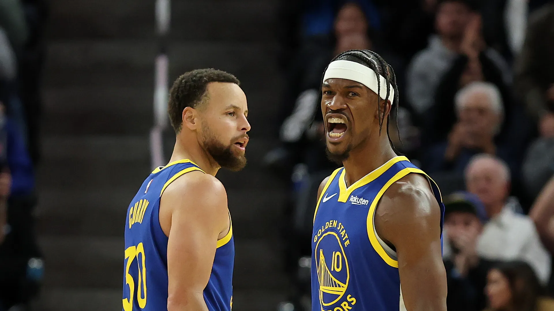 Stephen Curry and Jimmy Butler of the Golden State Warriors.