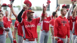 Abraham Toro #31 of Team Canada celebrates a 7-2 victory against the Team Cuba in 2026.