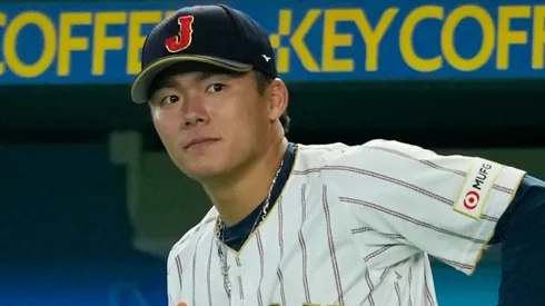 Yoshinobu Yamamoto #18 of Team Japan is introduced prior to the 2026 World Baseball Classic.