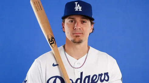 Kike Hernández #8 of the Los Angeles Dodgers poses for a photo.