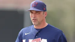 Manager Mark DeRosa #4 of Team USA participates in a practice.