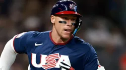 Aaron Judge #99 of the United States runs to first base during the 2026 World Baseball Classic Quarterfinals game.