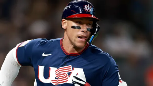 Aaron Judge #99 of the United States runs to first base during the 2026 World Baseball Classic Quarterfinals game.