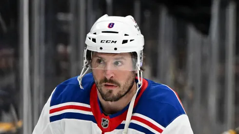 J.T. Miller #8 of the New York Rangers at the TD Garden