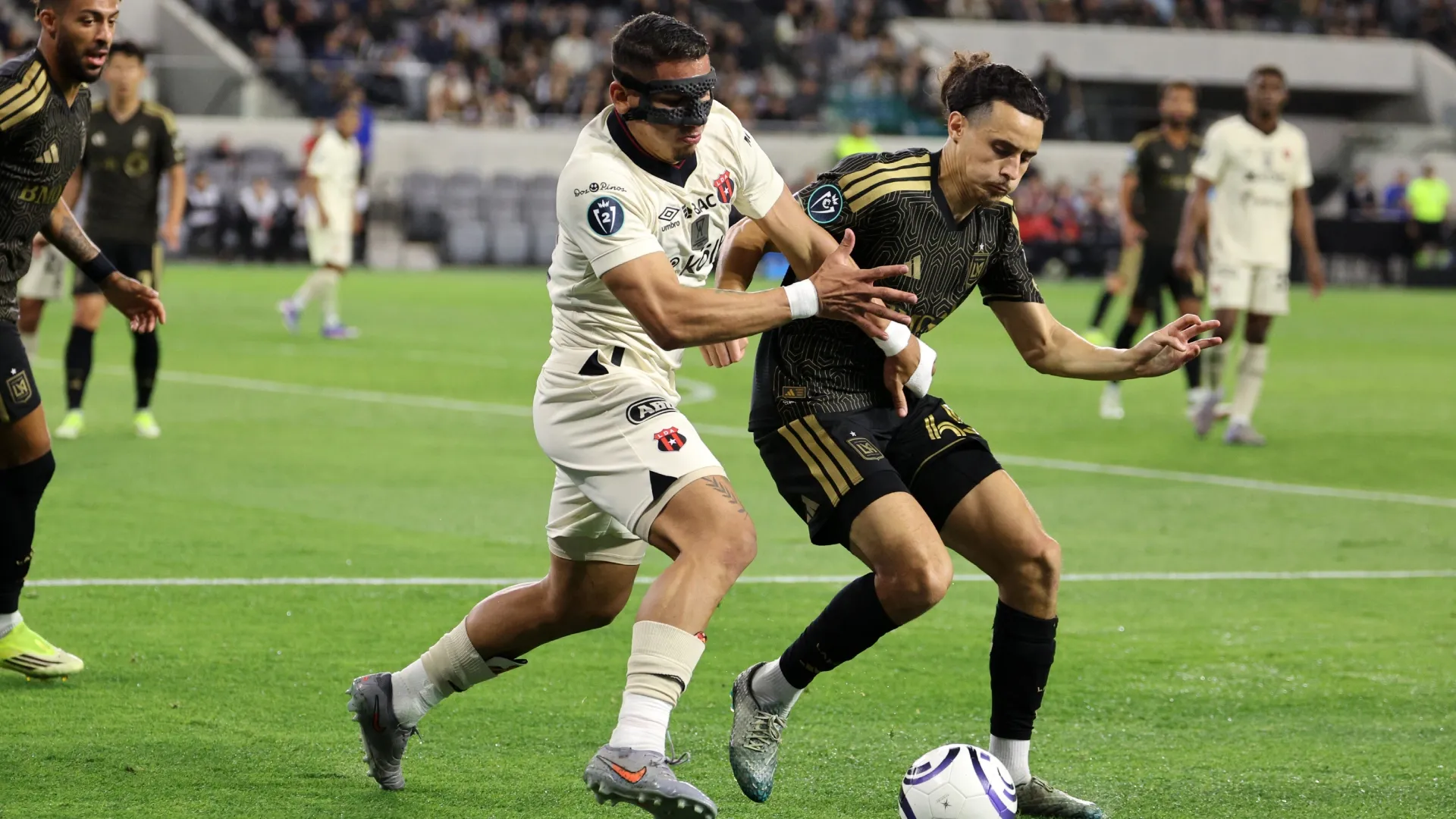 Amin Boudri of Los Angeles FC is pressured by Fernando Pinar of Alajuelense – Kevork Djansezian/Getty Images