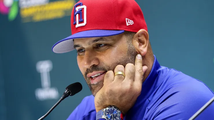 Manager Albert Pujols of the Dominican Republic speaks with media.