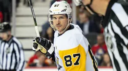 Sidney Crosby #87 of the Pittsburgh Penguins talks to referee Frederick L'Ecuyer in 2026.