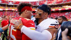 Patrick Mahomes (left) and Justin Fields hug after a game.
