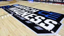 The March Madness logo is pictured at Amica Mutual Pavillion in 2025.