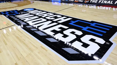 The March Madness logo is pictured at Amica Mutual Pavillion in 2025.