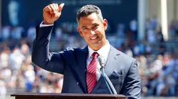 Former New York Yankee Jorge Posada speaks to the crowd.