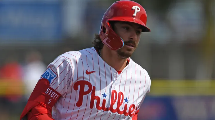Bryson Stott #5 of the Philadelphia Phillies hits a home run.