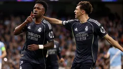 Vinicius Jr. celebrates a goal for Real Madrid.