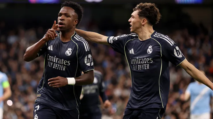 Vinicius Jr. celebrates a goal for Real Madrid.