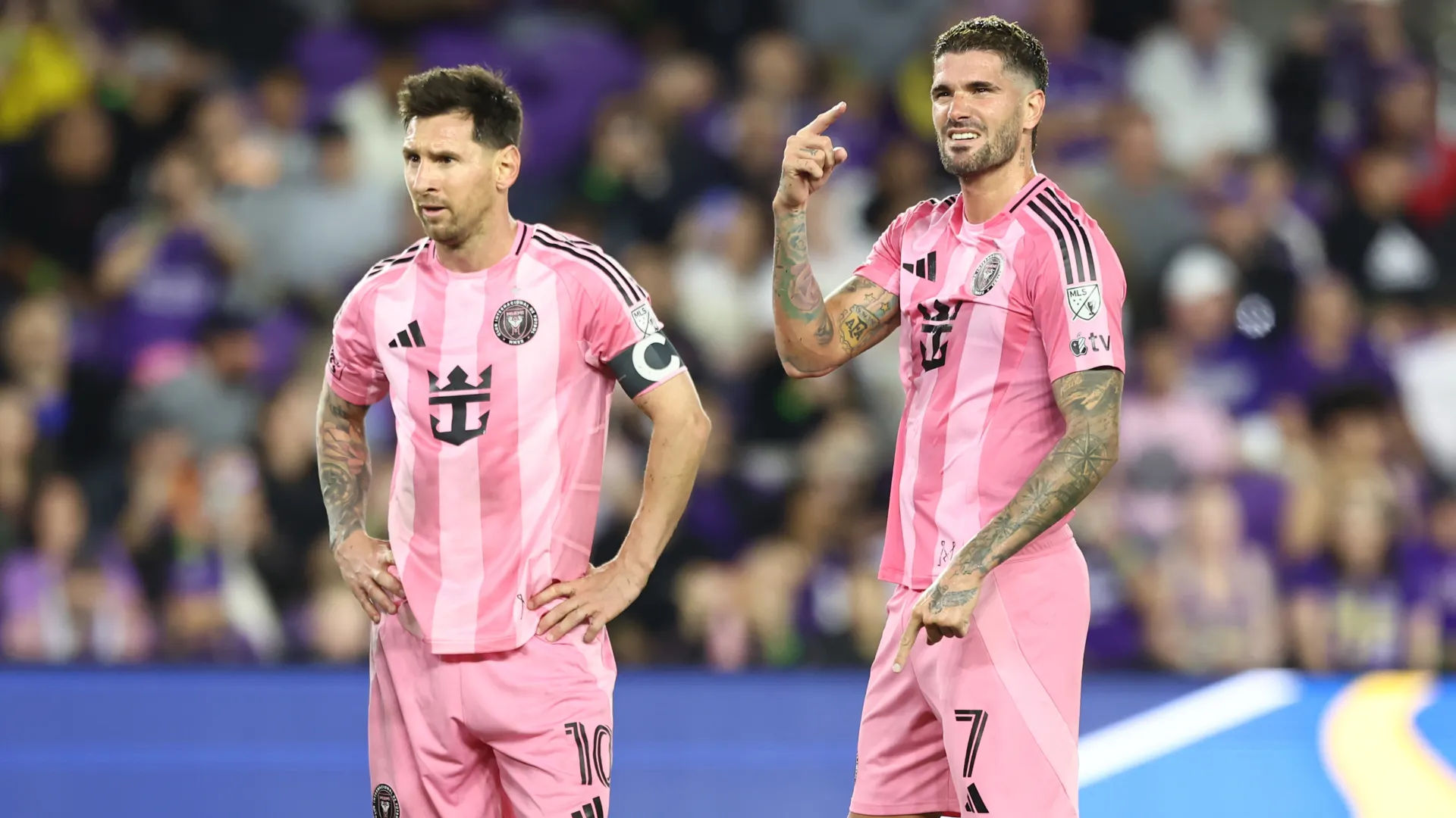 Lionel Messi #10 and Rodrigo De Paul #7 of Inter Miami. (Getty mages)