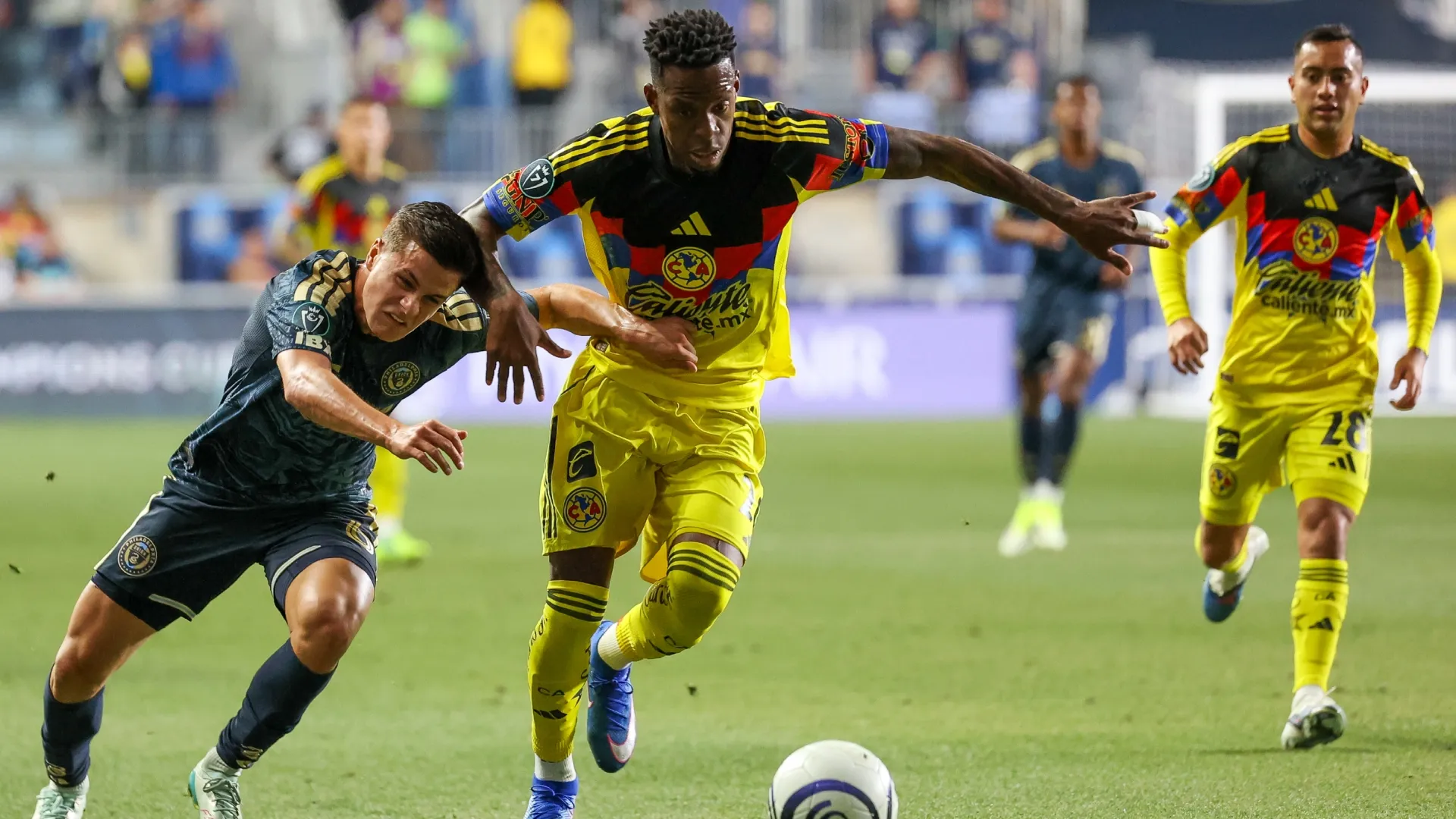 Cavan Sullivan of Philadelphia Union chases the ball against Cristian Borja of Club America (Source: Isaiah Vazquez/Getty Images)