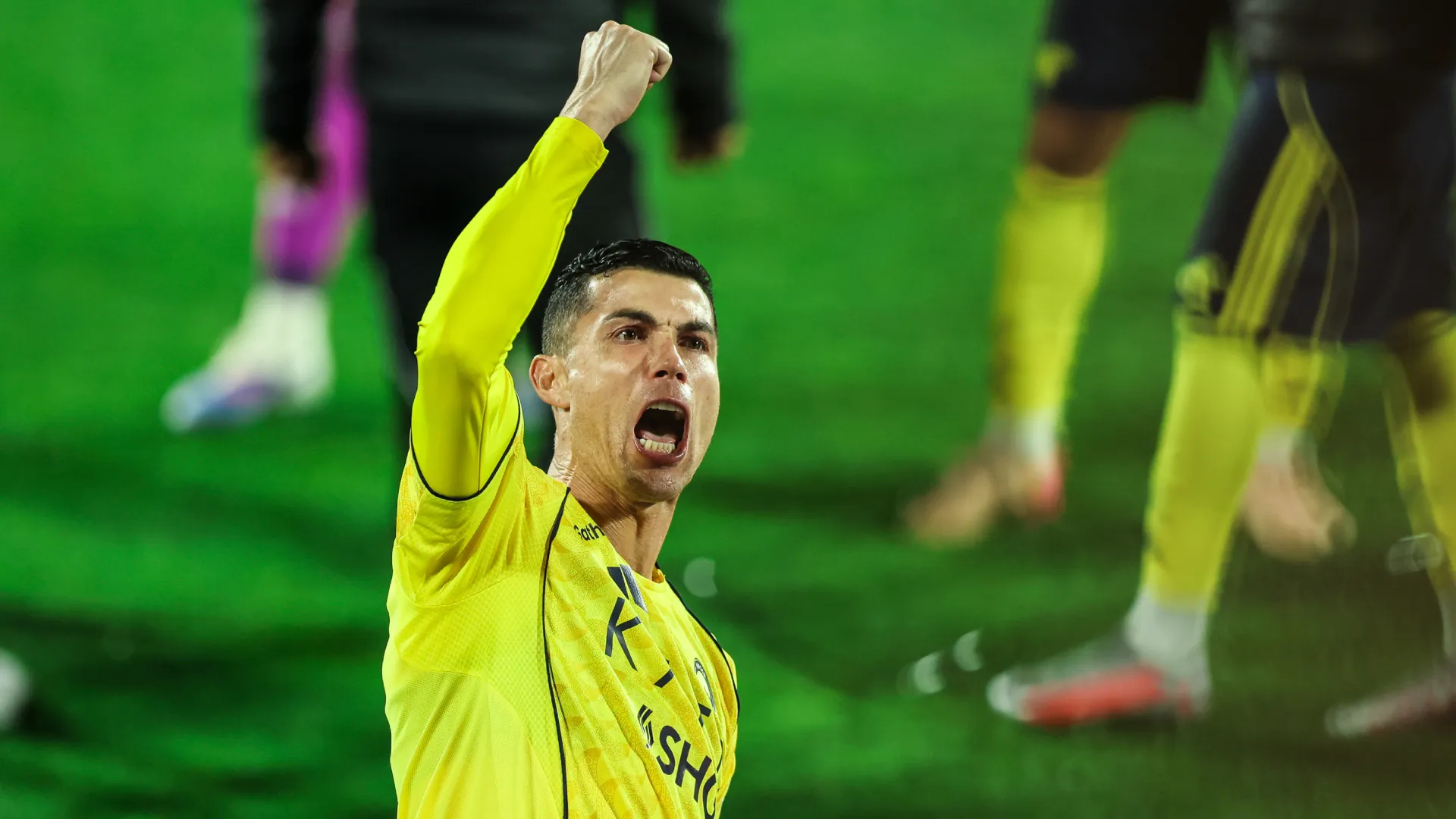 Cristiano Ronaldo celebrates a win for Al Nassr. (Getty Images)