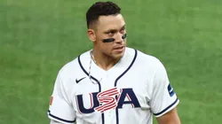 Aaron Judge #99 of Team United States reacts after the last out of the eighth inning.