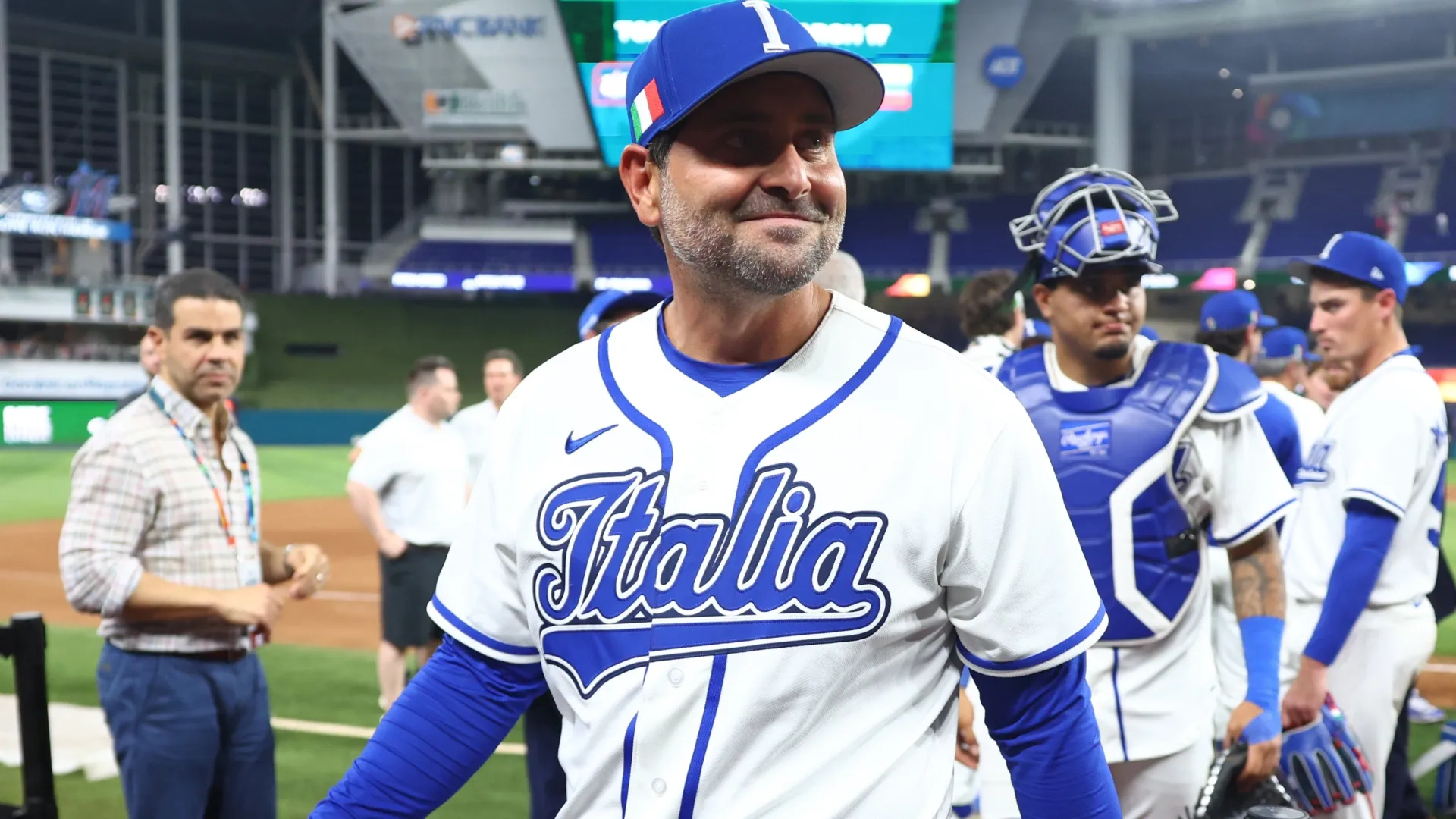 Manager Francisco Cervelli #29 of Team Italy looks on after the game against Team Venezuela. Megan Briggs/Getty Images