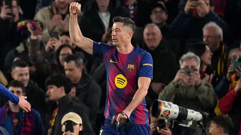 Robert Lewandowski of FC Barcelona celebrates.