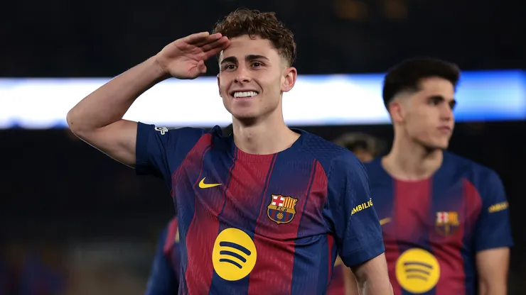 Fermin Lopez celebrates a goal for Barcelona.