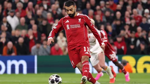 Mohamed Salah of Liverpool takes a penalty.