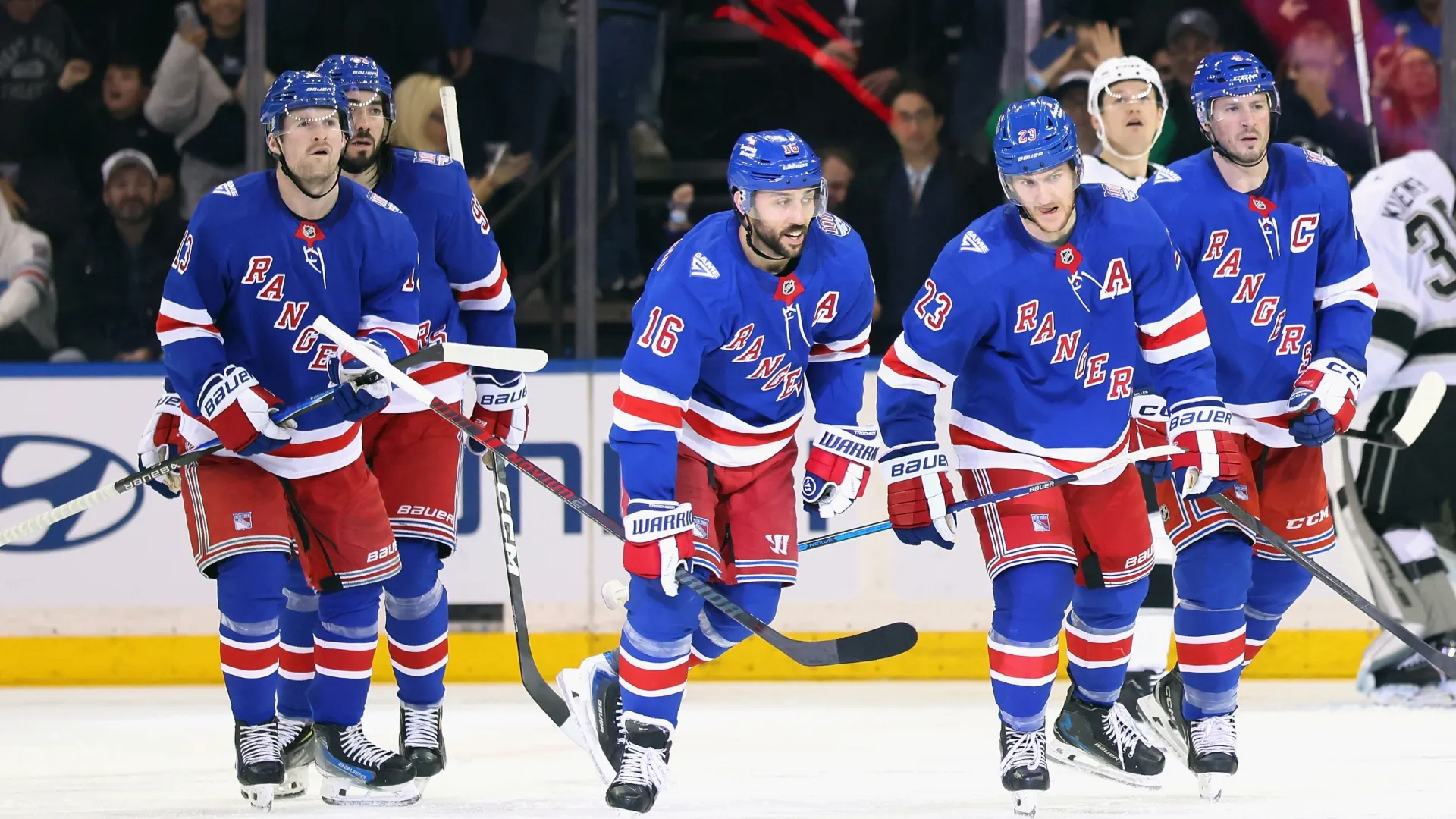 Rangers celebrate a third period goal by Trocheck against the Kings. Bruce Bennett/Getty Images