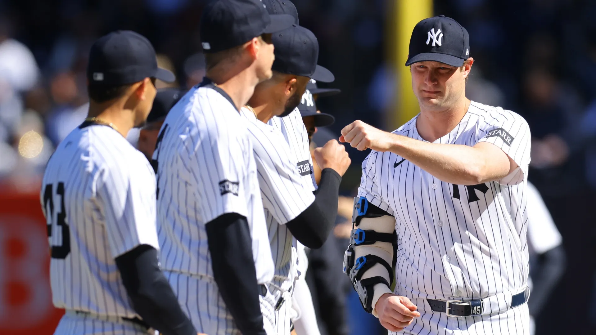 Gerrit Cole of the Yankees looks on prior to playing the Brewers. Mike Stobe/Getty Images