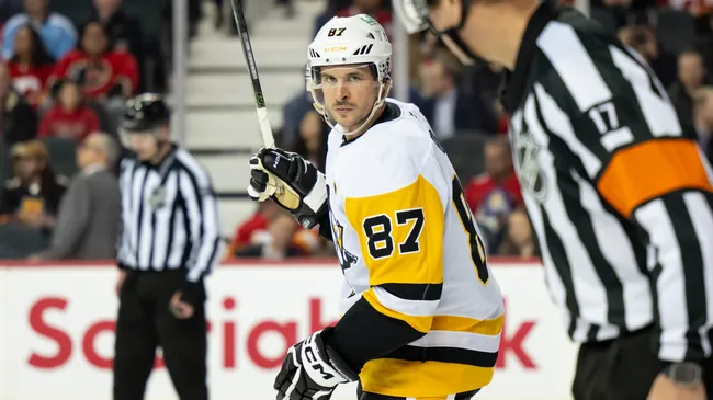 Sidney Crosby #87 of the Penguins talks to the referee during the game. Brett Holmes/Getty Images
