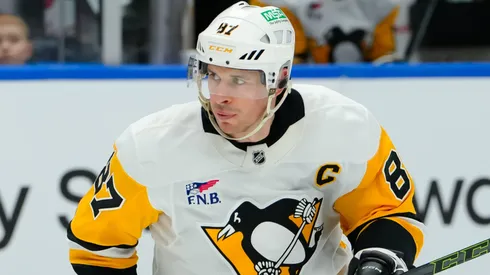 Sidney Crosby #87 of the Penguins skates during the first period.