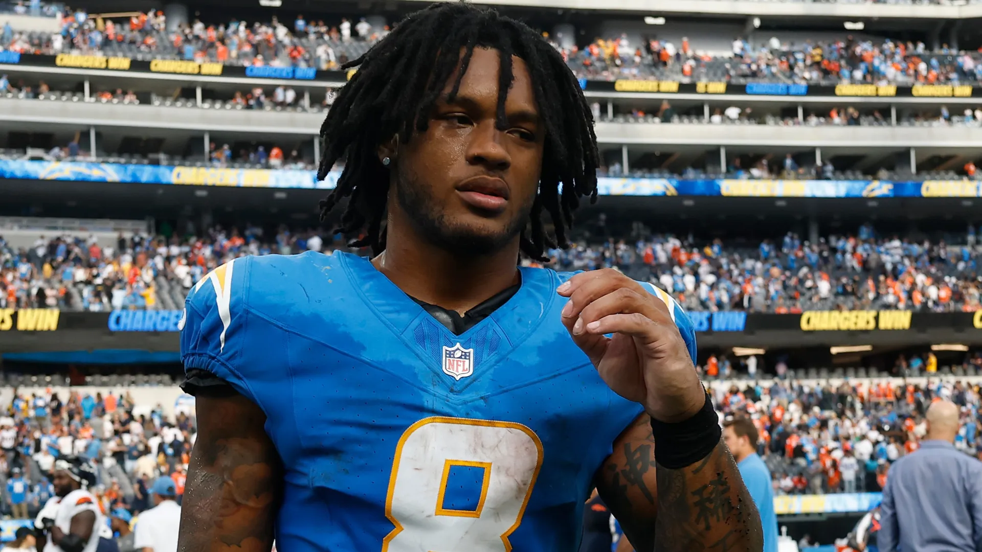 Omarion Hampton #8 of the Los Angeles Chargers