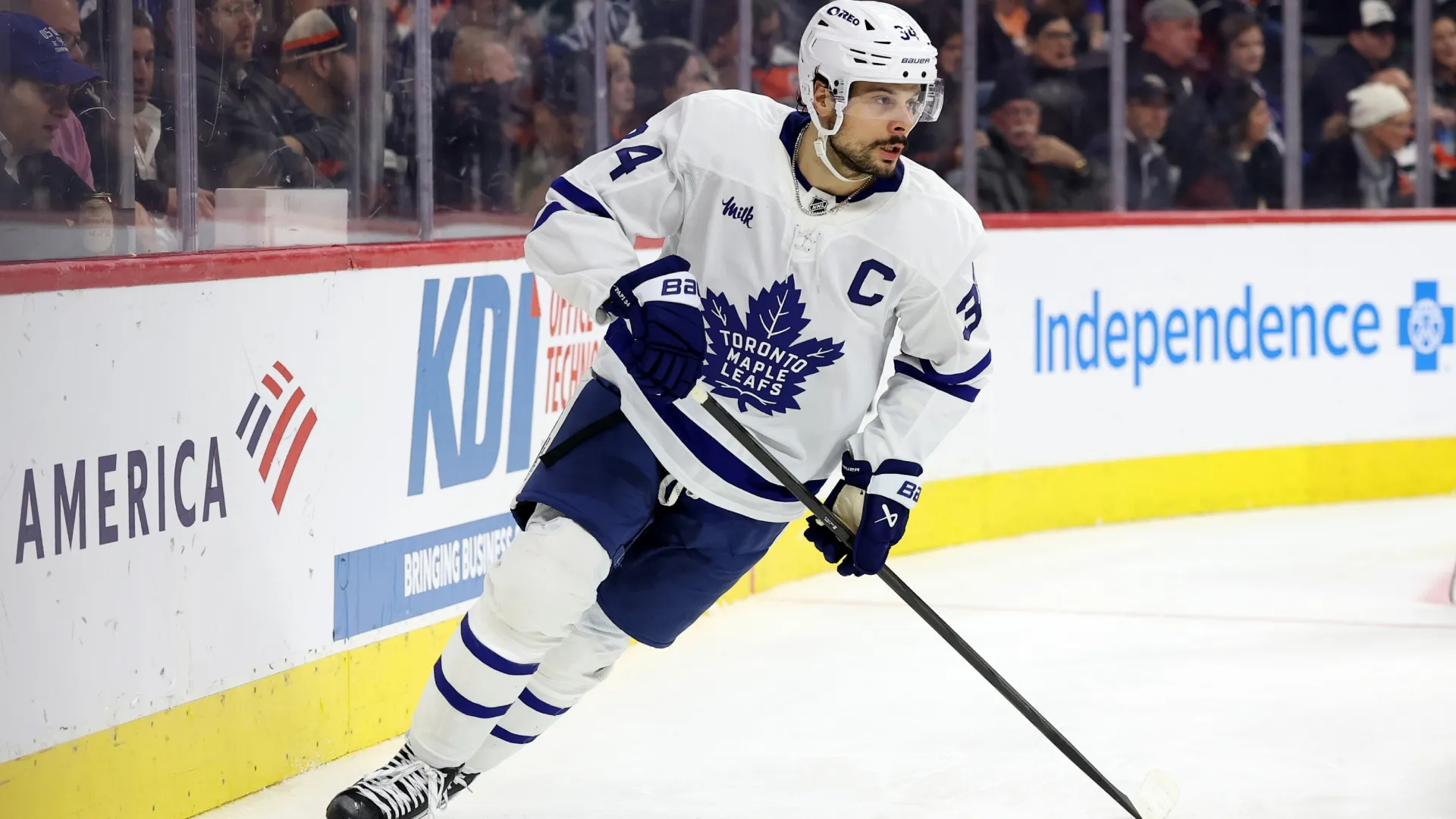 Auston Matthews #34 of the Maple Leafs skates during the second period. Emilee Chinn/Getty Images