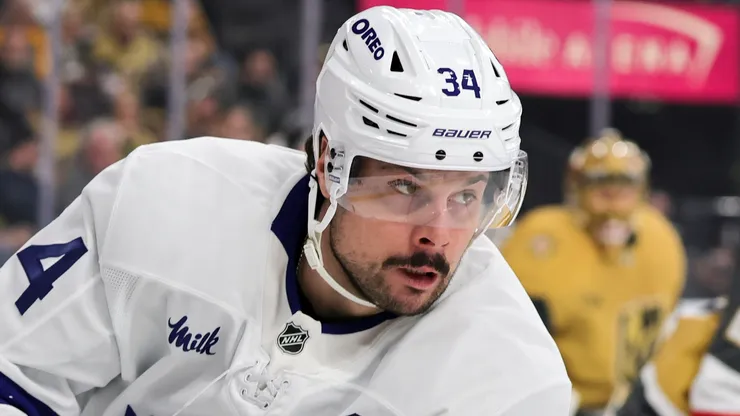 Auston Matthews #34 of the Maple Leafs skates against the Golden Knights.