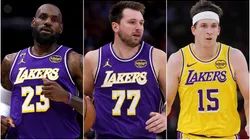LeBron James, Luka Doncic and Austin Reaves of the Los Angeles Lakers.