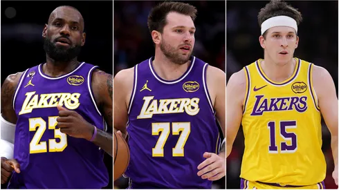 LeBron James, Luka Doncic and Austin Reaves of the Los Angeles Lakers.