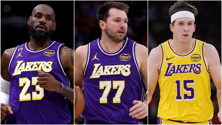 LeBron James, Luka Doncic and Austin Reaves of the Los Angeles Lakers.