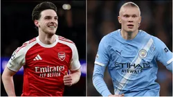 Declan Rice of Arsenal and Erling Haland of Manchester City during the 2026 UEFA Champions League.