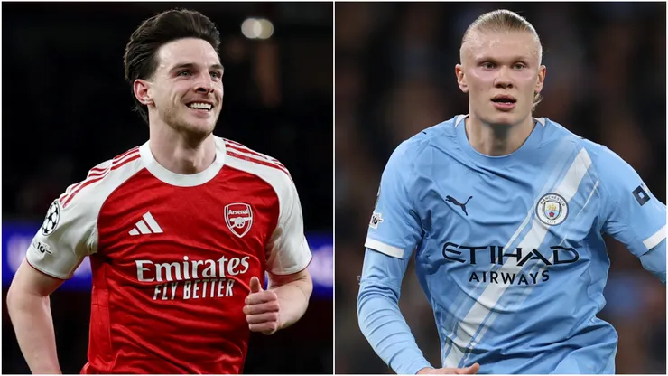 Declan Rice of Arsenal and Erling Haland of Manchester City during the 2026 UEFA Champions League.