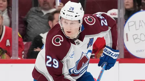 Nathan MacKinnon #29 of the Avalanche skates with the puck.