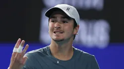 Joao Fonseca of Brazil reacts to a lost point against Carlos Alcaraz.