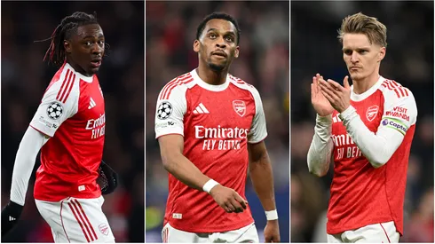 Eberechi Eze (L) Jurrien Timber (C) Martin Odegaard (R).