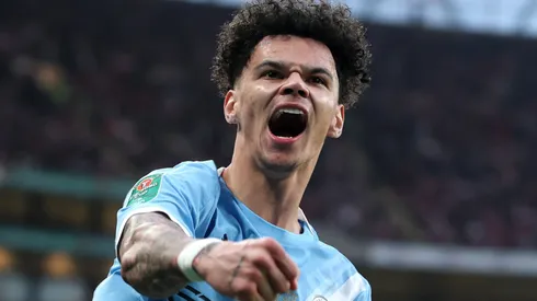 Nico O'Reilly of Manchester City celebrates scoring his team's first goal.
