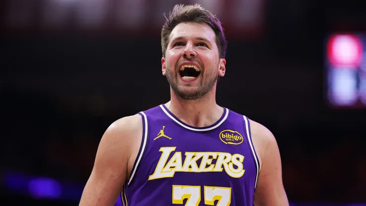 Luka Doncic #77 of the Los Angeles Lakers reacts against the Houston Rockets in 2026.