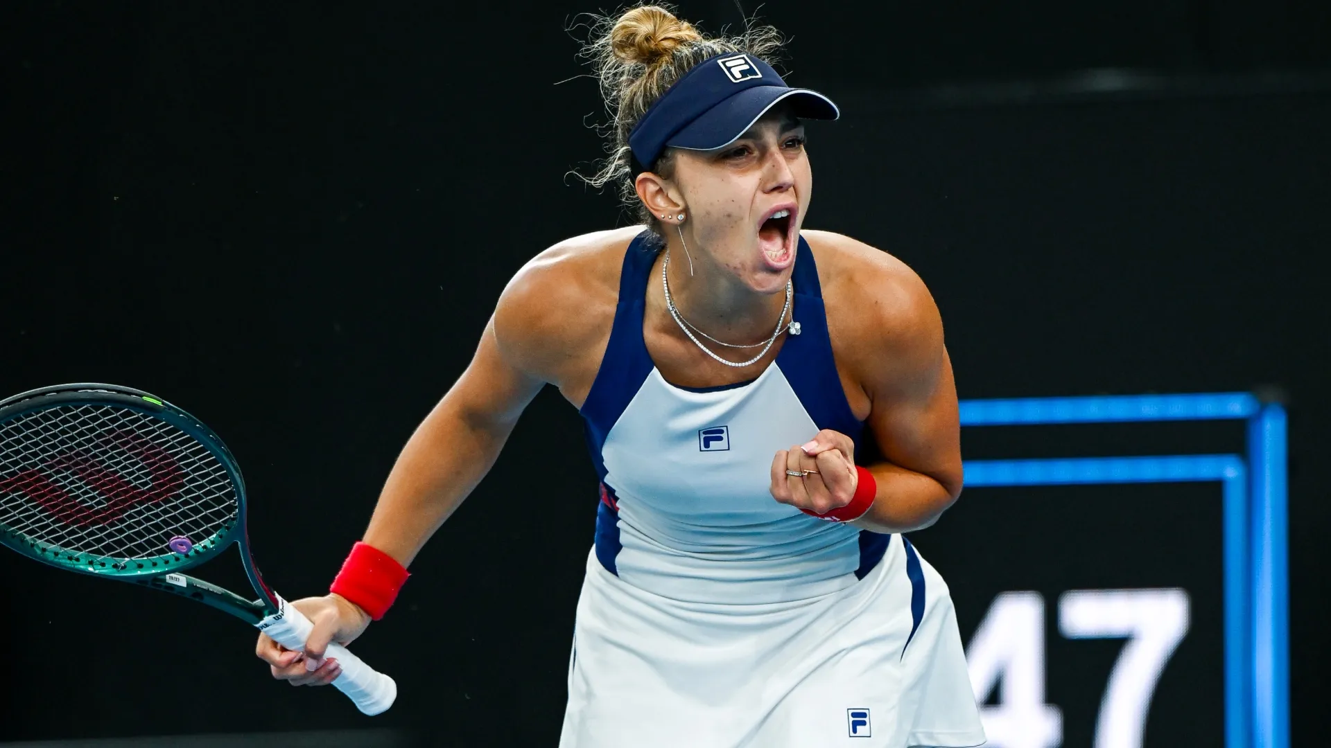 Jaqueline Cristian celebrates a point in her Quarter Finals match in 2026 (Source: Mark Brake/Getty Images)