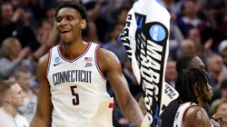 Tarris Reed Jr. #5 of the UConn Huskies celebrates after defeating the UCLA Bruins in 2026.