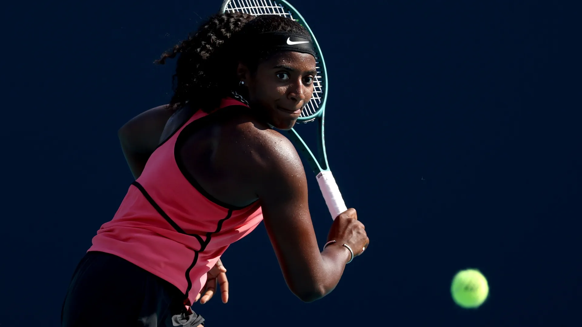 Hailey Baptiste returns a shot to Jelena Ostapenko on Day 7 of the Miami Open (Source: Matthew Stockman/Getty Images)