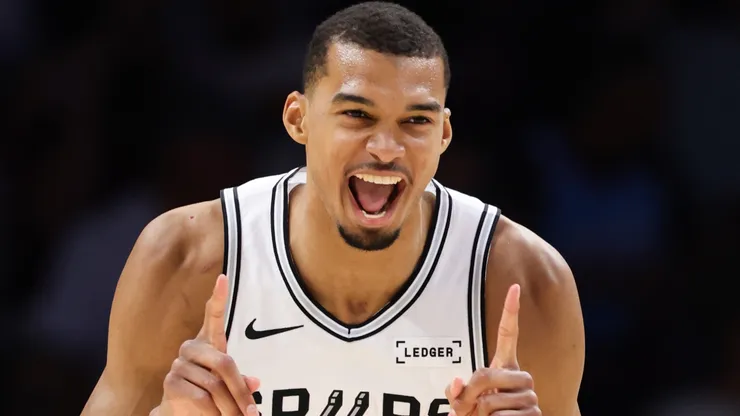 Victor Wembanyama #1 of the San Antonio Spurs celebrates during the third quarter of the game.