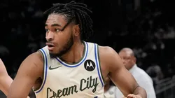 Cam Thomas #24 of the Milwaukee Bucks dribbles the ball.